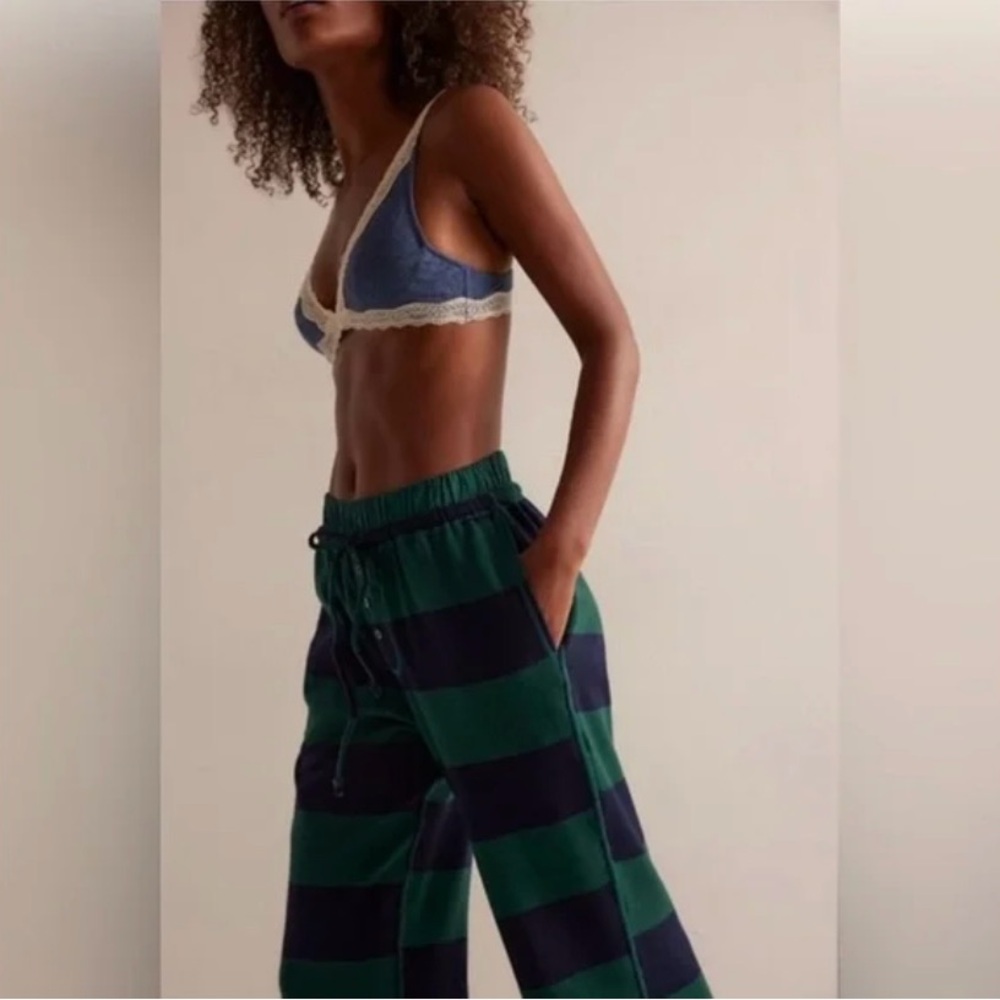 Free People Green and Navy Wide-Leg Striped Lounge Pants - Picture 2 of 3